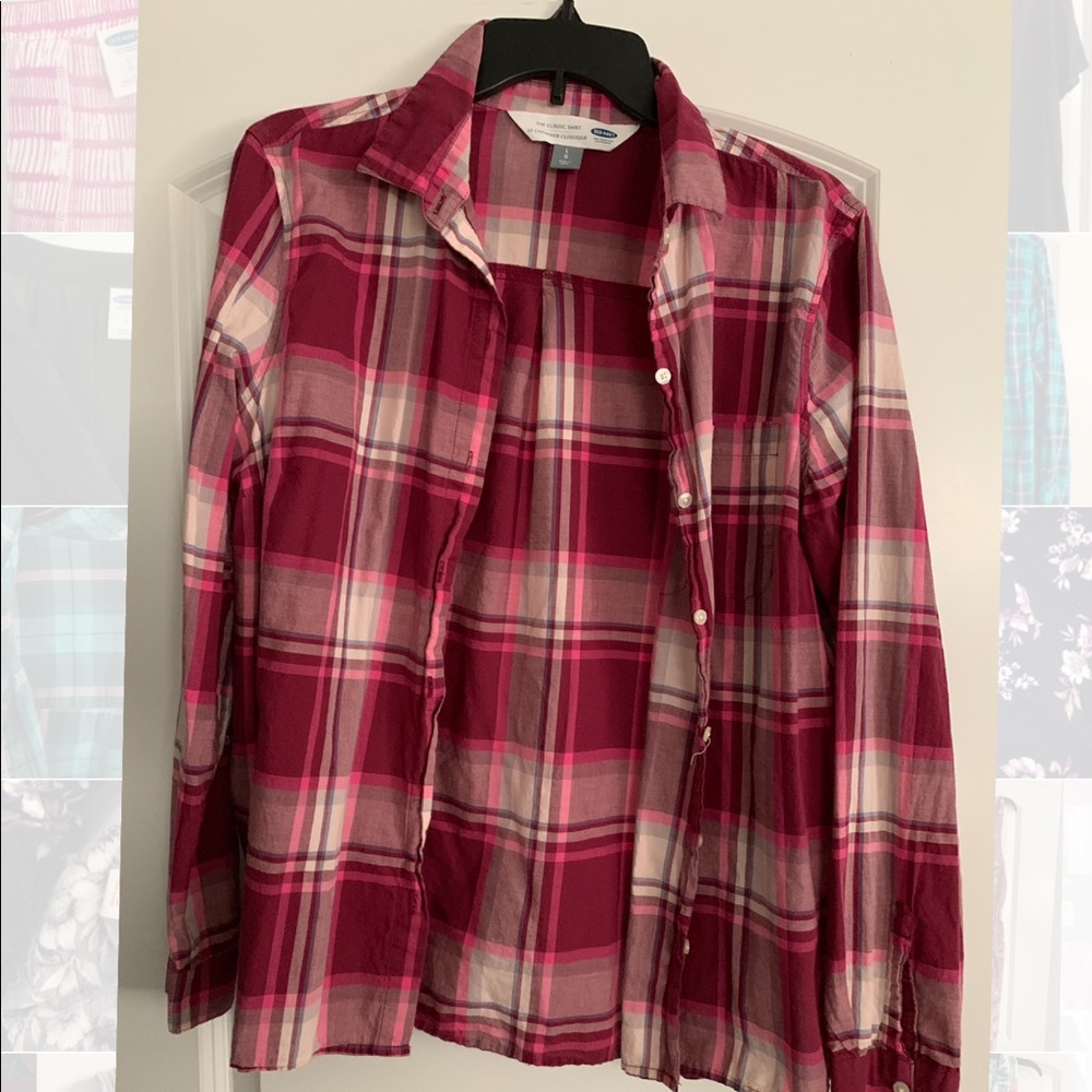 Pink plaid button up top